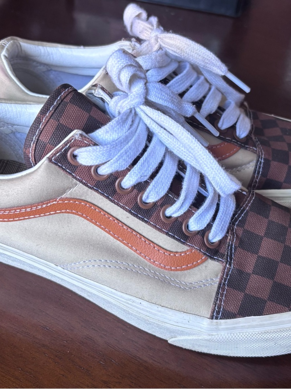 Vans Checkerboard Low-Top Sneakers in Brown, Cream and Orange